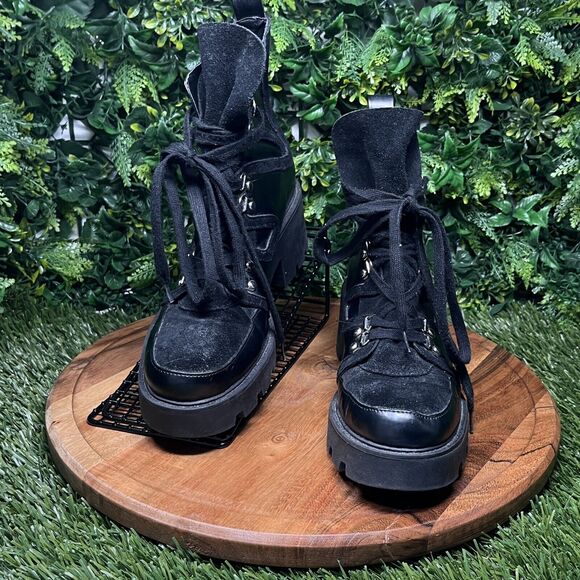 ZARA Boots Women 9 US 40 EU Black Moto Combat‎ Chunky Heel Lace Up Ankle 2111 - Picture 2 of 14
